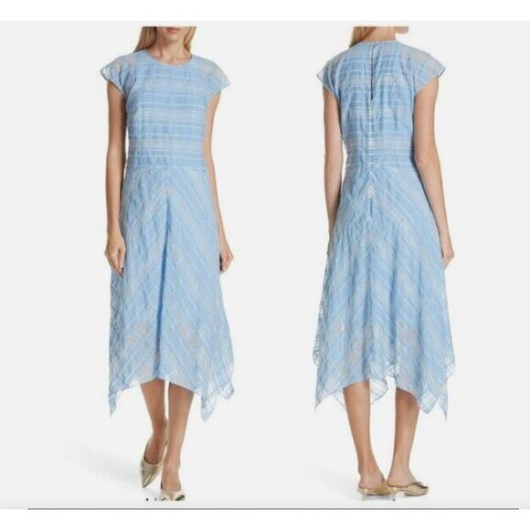 Lewit $368 Sheer Check Handkerchief Hem Midi Dress Blue - Picture 2 of 5